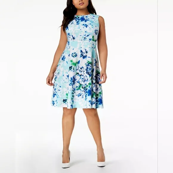 Calvin Klein Floral Sleeveless Fit and Flare Dress Size 8 Green Blue Sea Glass - Picture 1 of 14